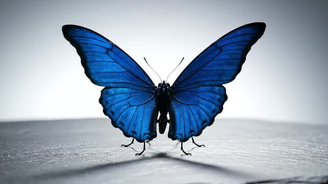 Blue butterfly. Large blue morpho butterfly. Black and blue wings. Insect on gray surface. White background. Butterfly shadow. Detailed wings. Colorful insect.