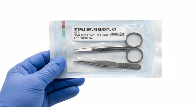 Gloved hand holding a sterile suture removal kit containing fine scissors and forceps, representing post-surgical care and wound management