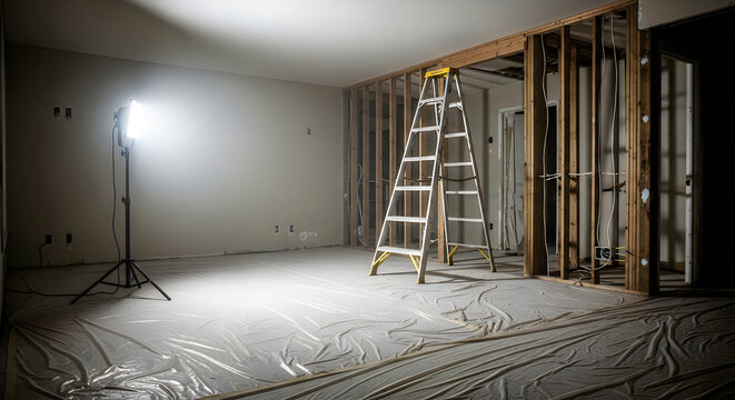 Construction site with ladder and light in an empty room under renovation