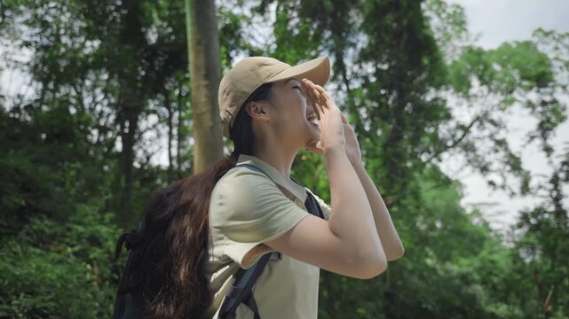 Young female hiker backpacker with backpacks trekking clothes climb on the top of forest, raising hands and shouting celebrating success, cheering in winning or releasing stress during mountain climb