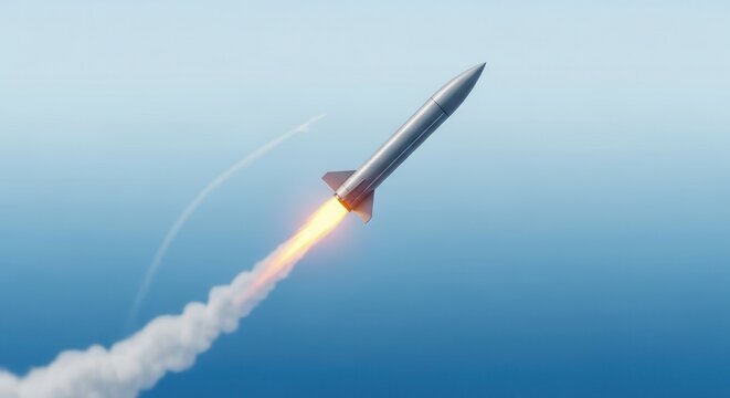 Powerful rocket launch ascending swiftly into the clear blue atmosphere with fiery propulsion