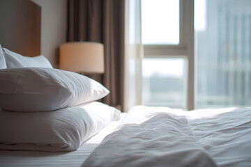Fototapeta premium Empty Hotel Room Bed with Crisp White Sheets
