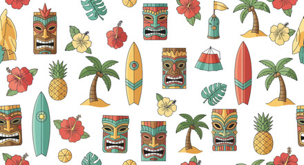 Tropical Tiki Masks, Surfboards, Pineapples, and Palm Trees Seamless Pattern © Zahem