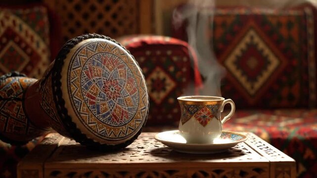 Steaming Traditional Arabic Coffee and Patterned Darbuka Drum
