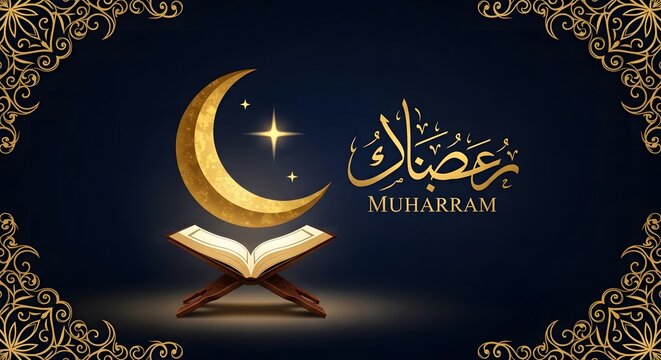 Happy muharram islamic new year festival with colorful background crescent moon