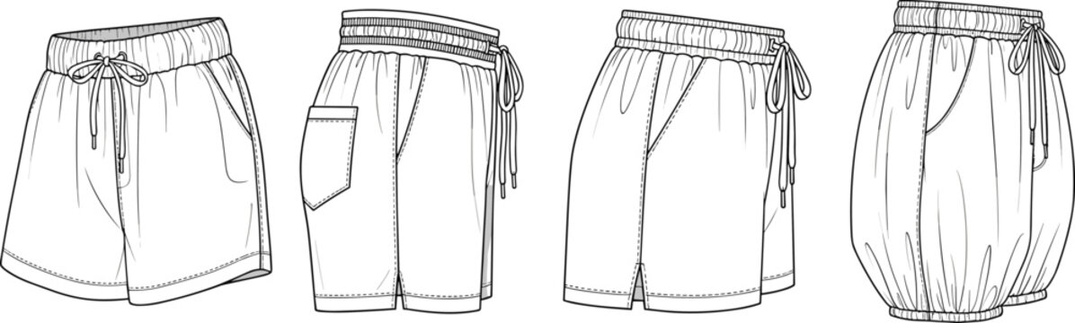 Technical fashion flat sketch set of casual lounge shorts with elastic waist, drawstring, and pockets, vector line art illustration on white background.