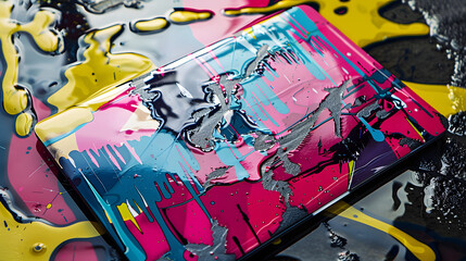 Fototapeta premium Vibrant graffiti covered laptop on colorful liquid splashes