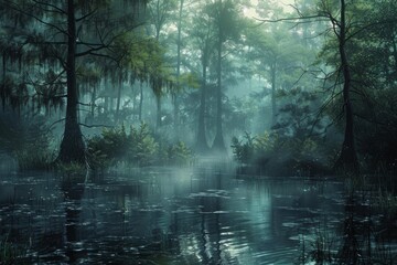 Fototapeta premium Fog floats on the surface of a swamp filled with cypress trees and spanish moss hanging from branches