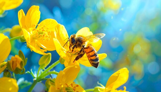 Busy bee collecting nectar from vibrant yellow flower on a sunny day