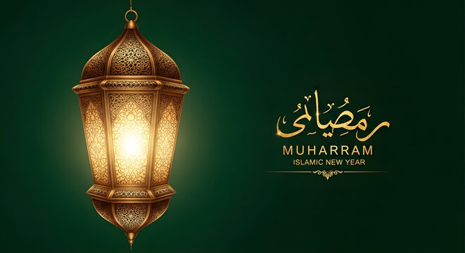 Happy muharram a colorful islamic festival background with glowing lantern muslim calligraphy