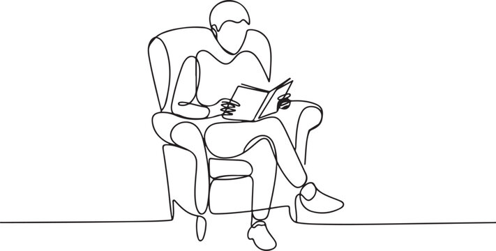 Continuous line drawing of a person engrossed in reading a book in an armchair, a moment of tranquil reflection and intellectual engagement captured with simple elegance