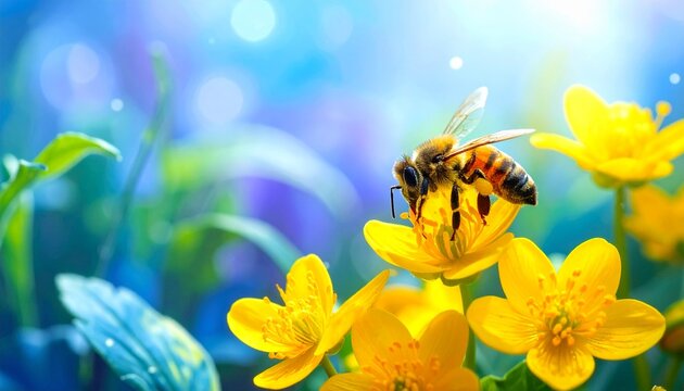A bee gathering nectar from a vibrant yellow flower in a sunny meadow.