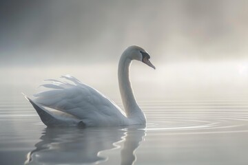 Fototapeta premium Majestic white swan gracefully glides on tranquil misty lake at sunrise, creating ripples in the serene water