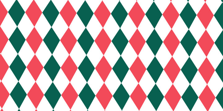 Christmas rhombus seamless pattern. Red and green xmas plaid texture with gold line. Argyle geometric diamond pattern. Christmas abstract wrapping bg. Vector illustration isolated on white background.