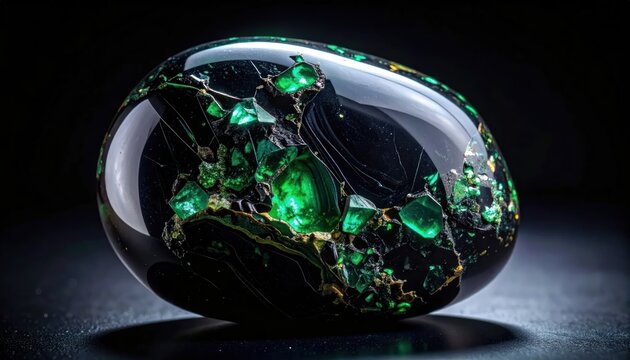 Macro shot of a polished black obsidian stone with vibrant green inclusions.