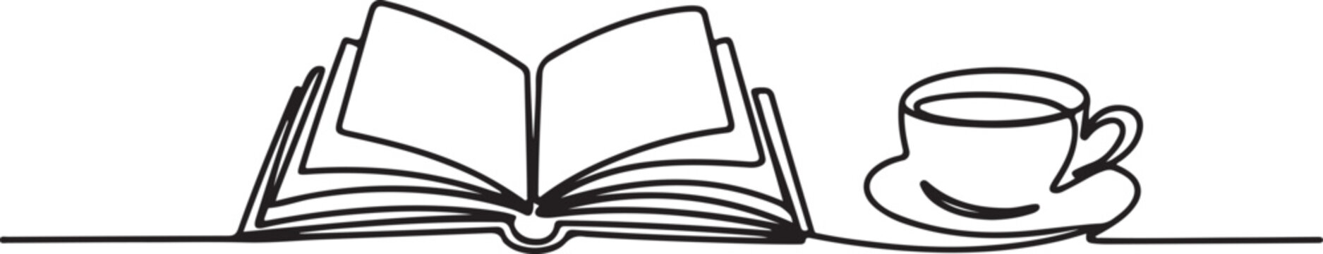 Continuous line art drawing featuring an open book and a steaming cup of coffee, elegantly portraying a cozy moment of reading, intellectual pursuits, and tranquil relaxation through minimalist design