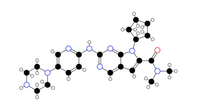 ribociclib molecule, structural chemical formula, ball-and-stick model, isolated image antineoplastic agent