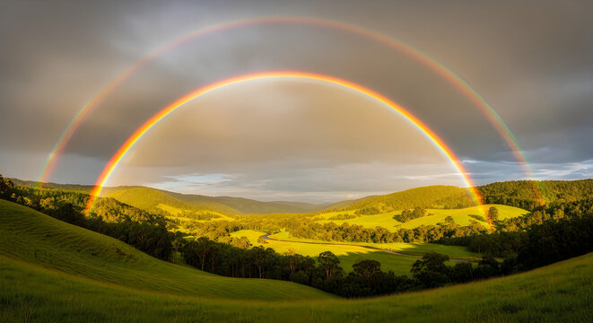 A beautiful double rainbow stretching across a green valley with trees and hills under a cloudy sky