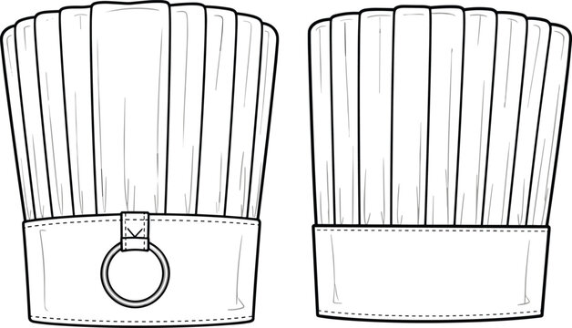Technical fashion illustration of traditional chef&rsquo;s hat toque blanche with pleated design, wide band and professional culinary uniform details