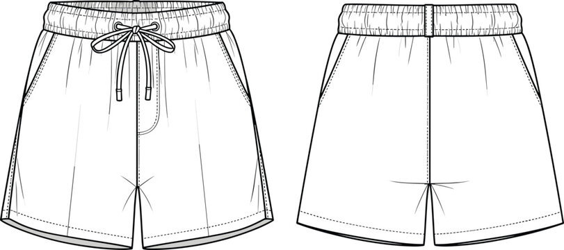 Technical fashion illustration of shorts front and back views with elastic waistband, drawstring closure, side pockets, and detailed stitching