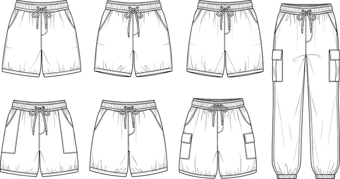 Technical fashion illustration of women&rsquo;s shorts front and back views with elastic waistband, drawstring tie, side pockets, and ruched hem