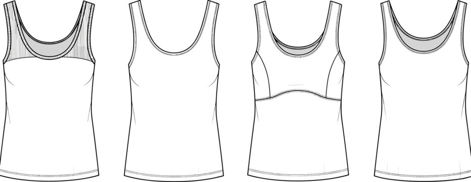 Technical fashion illustration set of women&rsquo;s tank tops with scoop necklines, mesh details, layered designs, and garment construction variations