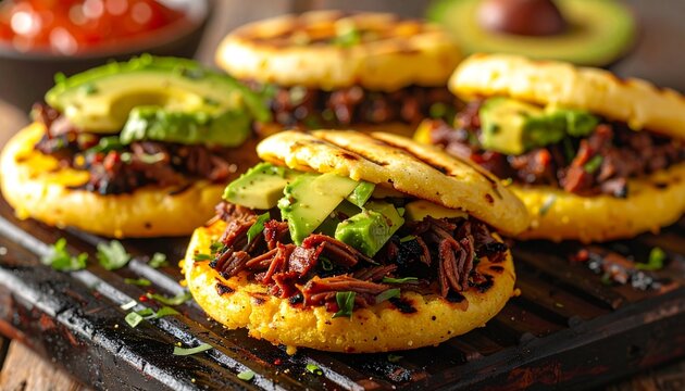 Grilled arepas with shredded beef avocado.