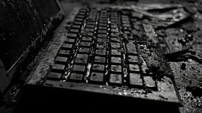 Damaged keyboard detail close up black and white