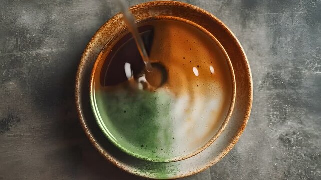 Pouring coffee into a ceramic cup with tiranga flag textured background
