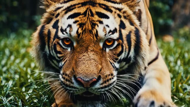 A Close-Up, Low-Angle Shot of a Majestic Tiger With Piercing Orange Eyes, Its Striped Face Filling the Frame as It Stalks Forward Through Lush Green Grass.