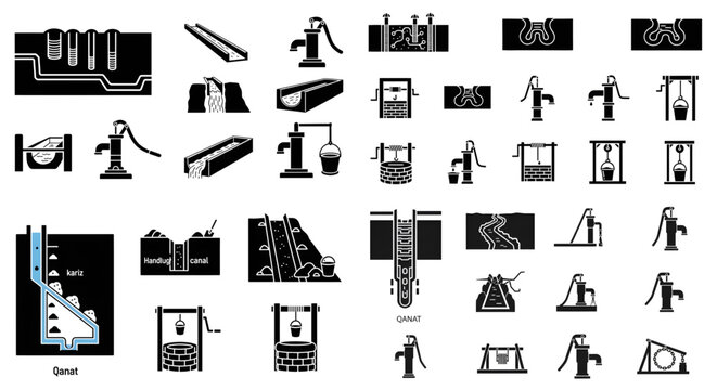 Comprehensive Vector Icon and Diagram Set of Traditional Water Systems: Qanats, Hand Pumps, and Wells,  ancient qanat and kariz systems, various manual hand-operated water pumps, different well