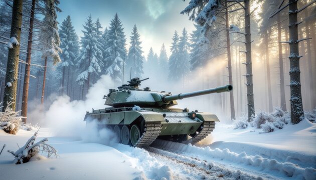 Heavy Tank Moving Through Winter Forest