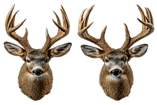 Two taxidermy buck deer heads with large antlers on white background