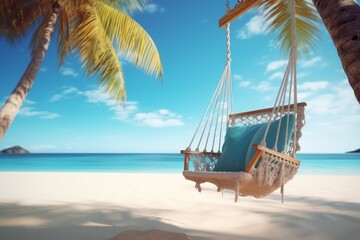 Obraz premium Hanging chair under a palm tree on a white sand beach overlooking the ocean