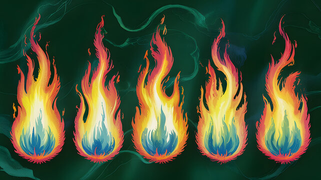Five colorful flames dancing in a dark green swirling background