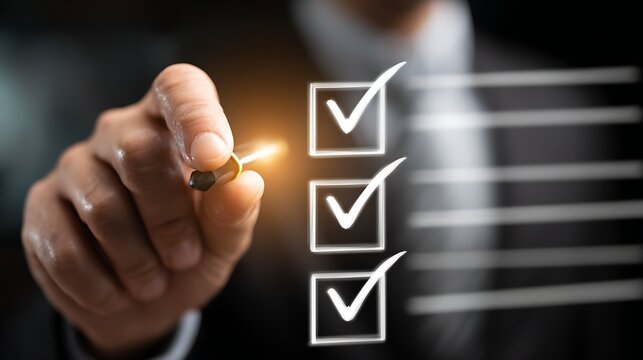 A businessmans hand with a stylus checking off items on a digital todo list with glowing checkmarks