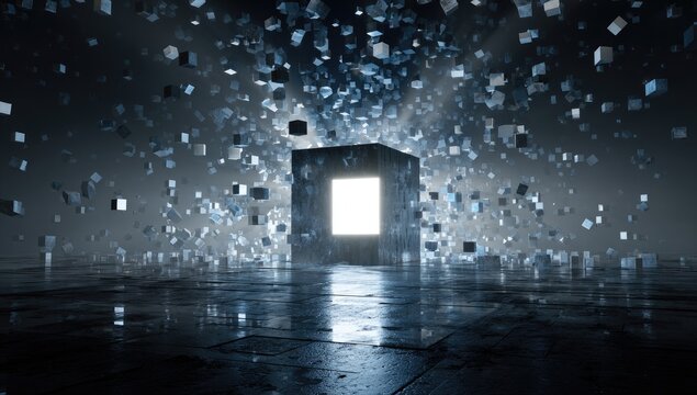 Glowing cube erupts with scattering reflective particles in dark, futuristic setting
