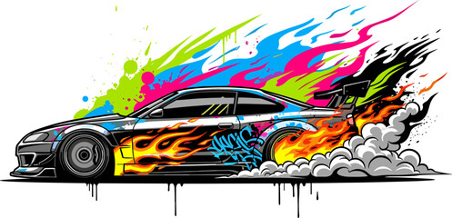 Speedy Race Car Icon Set Featuring Colorful Flames, Graffiti, and Smoke for Motorsports, Street Racing, and Car Design Illustrations © Lcpl