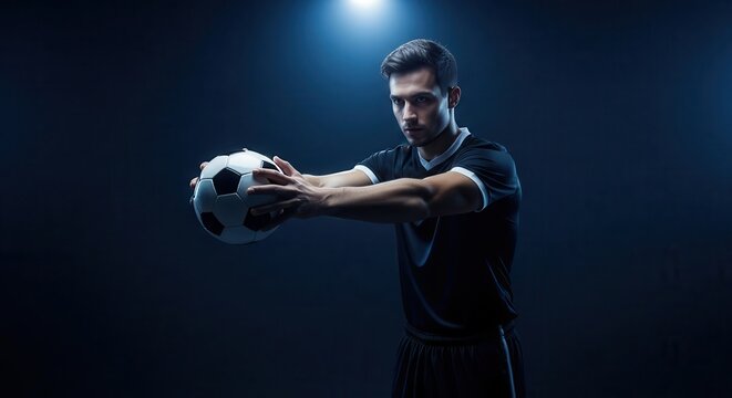 man in dark jersey throwing soccer ball under spotlight