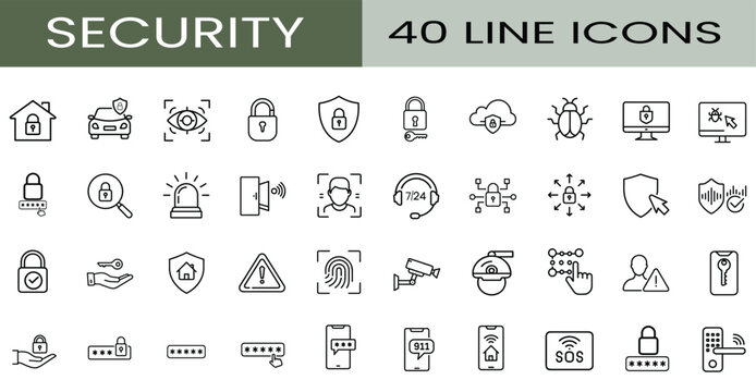 Cyber security and network data protection line icons set featuring biometric scan CCTV camera and smart home lock vector illustration with editable stroke.