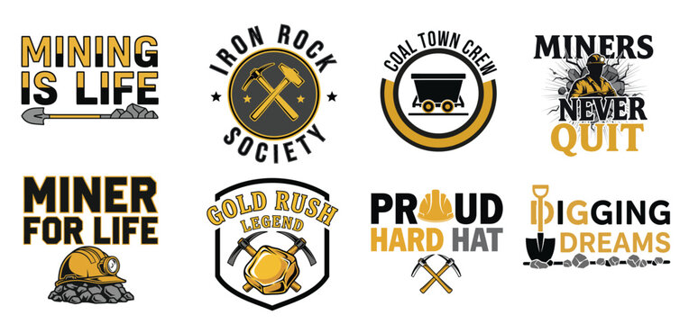 Mining logos and labels with pickaxes and hard hats on a white background tshirt design
