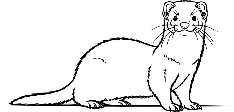Black and white ferret standing on , simple line drawing isolated on white background
