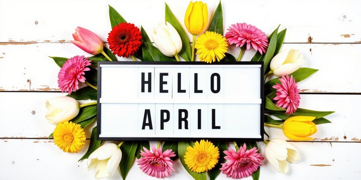 hello april - flowers and sign