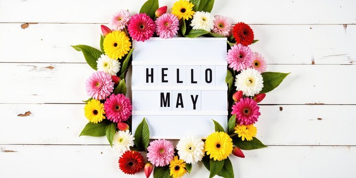 hello may sign on white wooden background