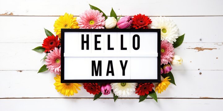 hello may sign on white wooden background