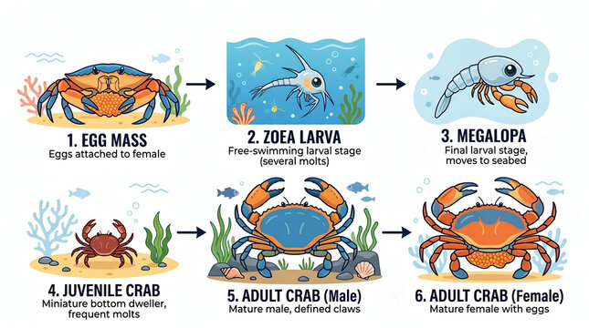 Crab Metamorphosis Marine Life Cycle Flat Vector Illustration Showing Zoea Megalopa to Adult Crab Development in Detailed Ocean Biology Educational Diagram Style