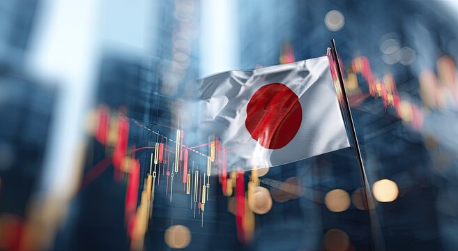Japanese flag waving against city skyline with financial data graph
