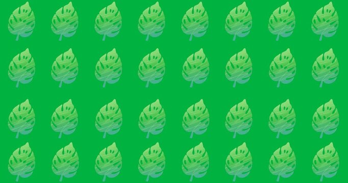 Digital animation of multiple green leaf icons in seamless pattern against black background