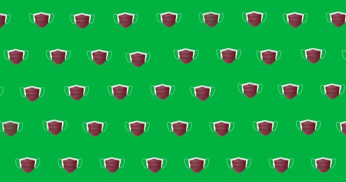 Digital animation of multiple brown face mask icons in seamless pattern against black background