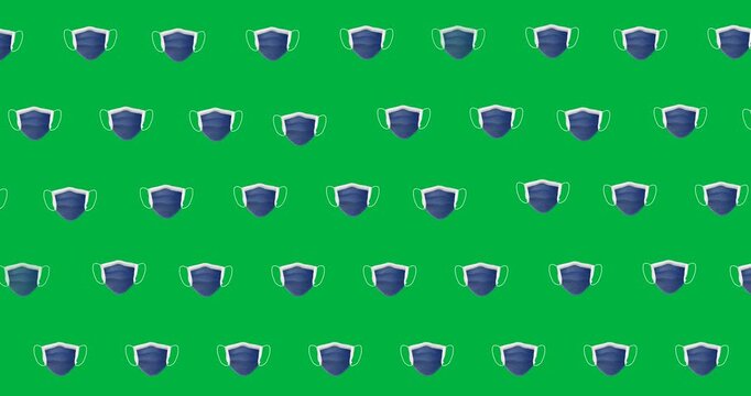 Digital animation of multiple blue face mask icons in seamless pattern against black background
